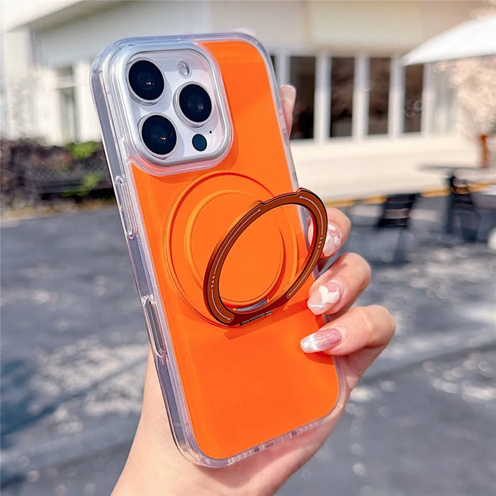 For iPhone 16 Pro Case Rotating Ring Holder Kickstand TPU + Acrylic Shockproof Phone Cover - Orange - 1