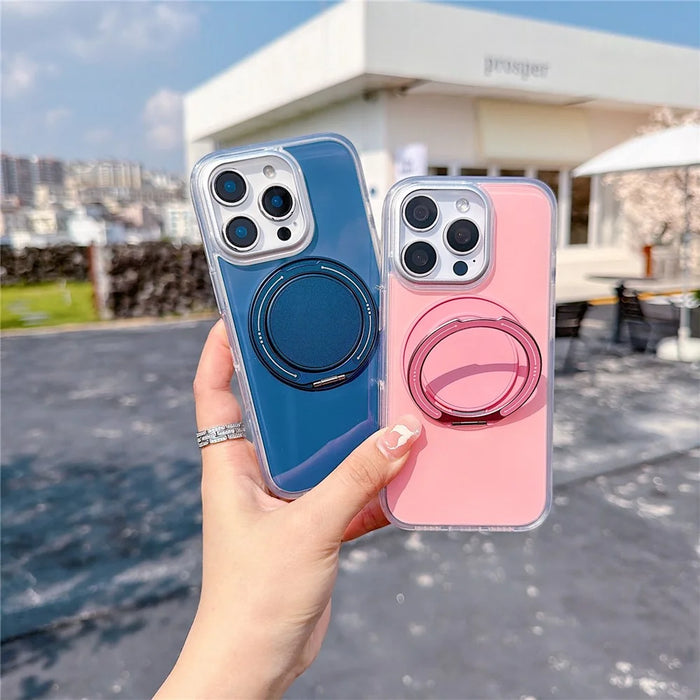 For iPhone 16 Pro Case Rotating Ring Holder Kickstand TPU + Acrylic Shockproof Phone Cover - Orange - 3