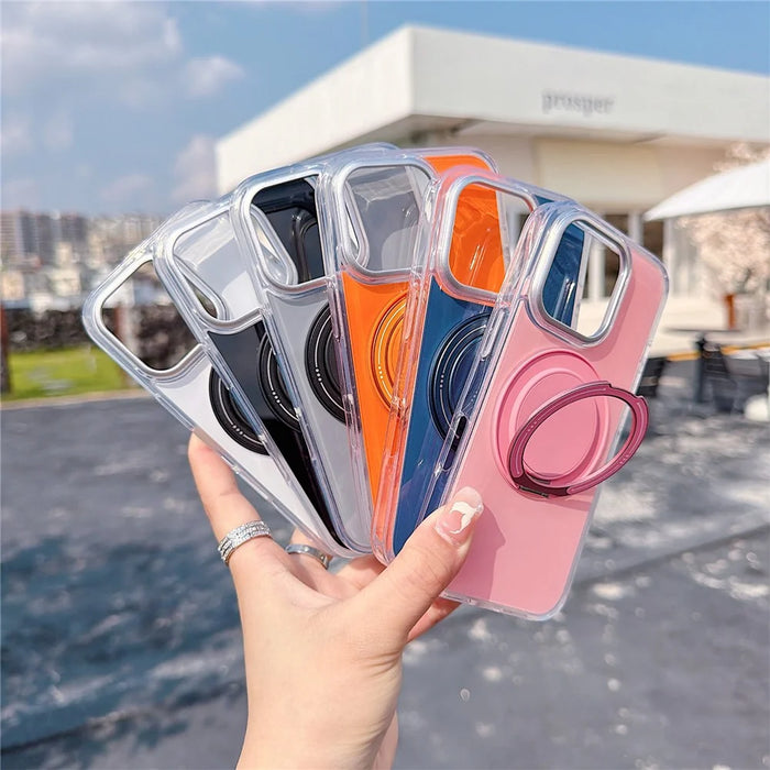 For iPhone 16 Pro Case Rotating Ring Holder Kickstand TPU + Acrylic Shockproof Phone Cover - Orange - 6