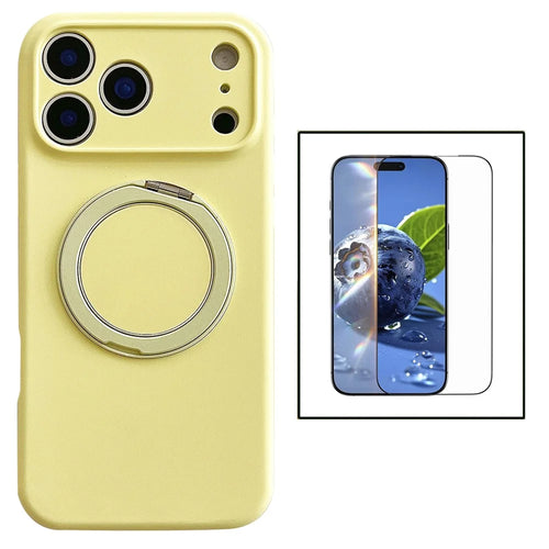 For iPhone 17 Pro Max Magnetic Case Rotatable Kickstand Liquid Silicone Phone Cover with Tempered Glass Screen Protector - Cream Yellow - 1