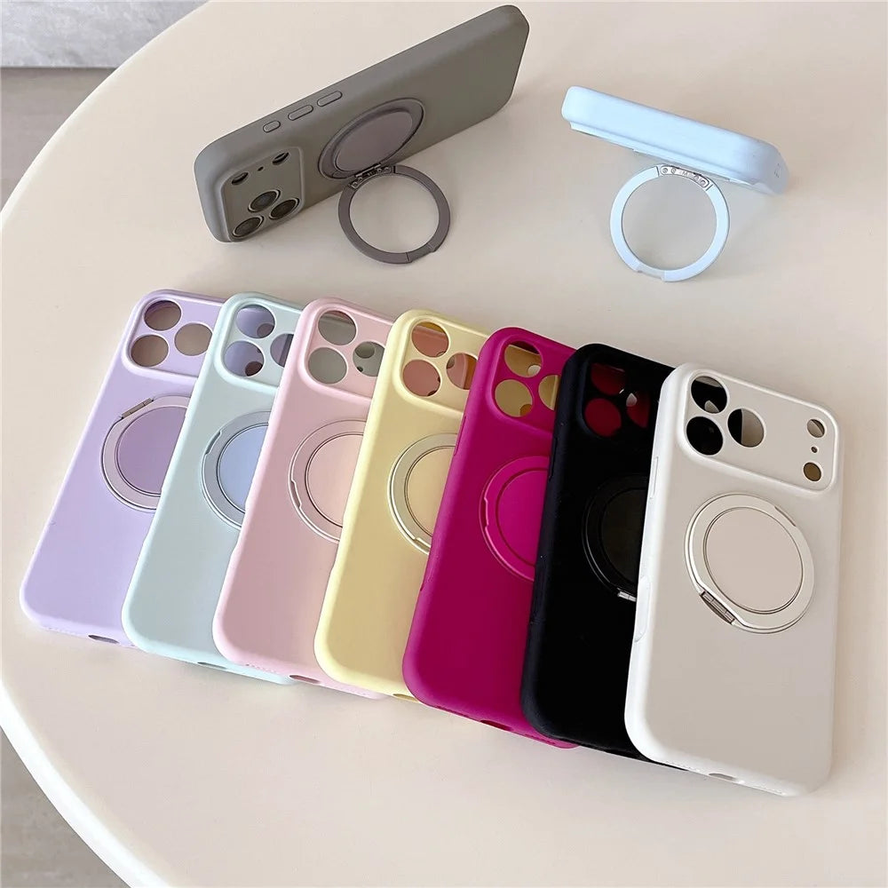 For iPhone 17 Pro Max Magnetic Case Rotatable Kickstand Liquid Silicone Phone Cover with Tempered Glass Screen Protector - Cream Yellow - 4