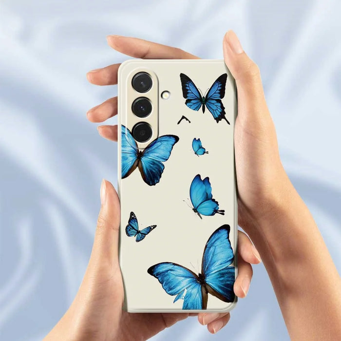 For Samsung Galaxy A37 5G Case Blue Butterflies Pattern Printing Straight Edge TPU Phone Back Cover - Beige - 6
