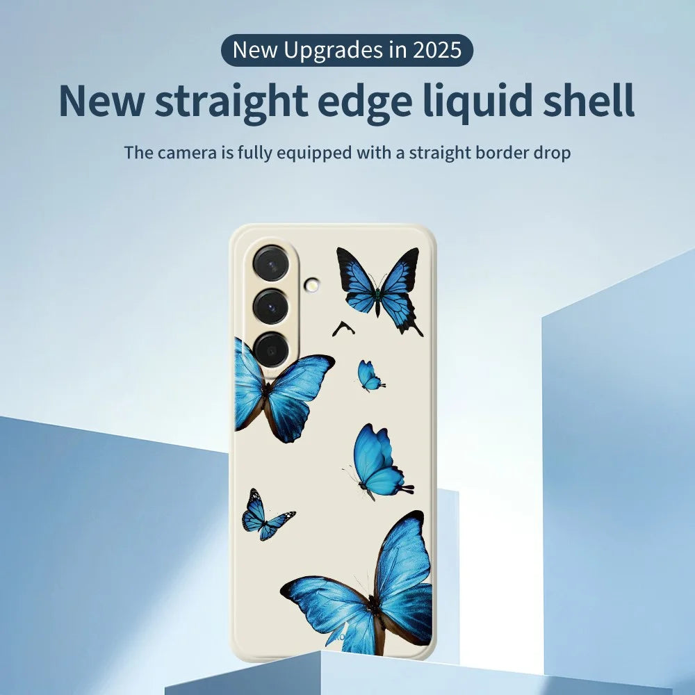 For Samsung Galaxy A57 5G Case Blue Butterflies Pattern Printing Straight Edge TPU Phone Back Cover - Beige - 3