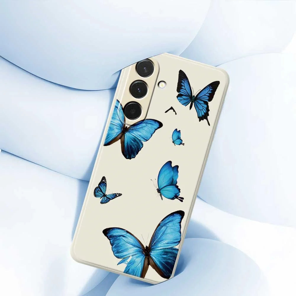 For Samsung Galaxy A57 5G Case Blue Butterflies Pattern Printing Straight Edge TPU Phone Back Cover - Beige - 5