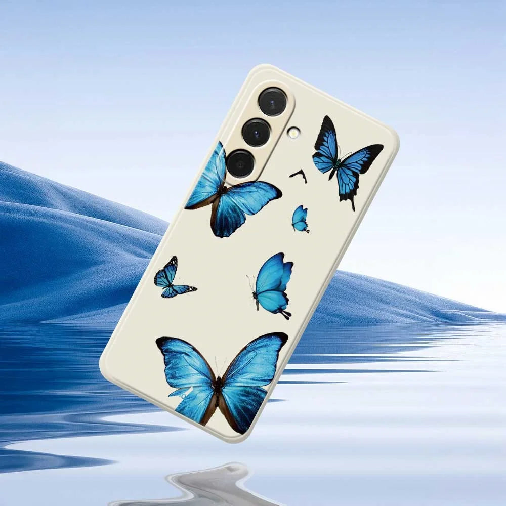 For Samsung Galaxy A57 5G Case Blue Butterflies Pattern Printing Straight Edge TPU Phone Back Cover - Beige - 7