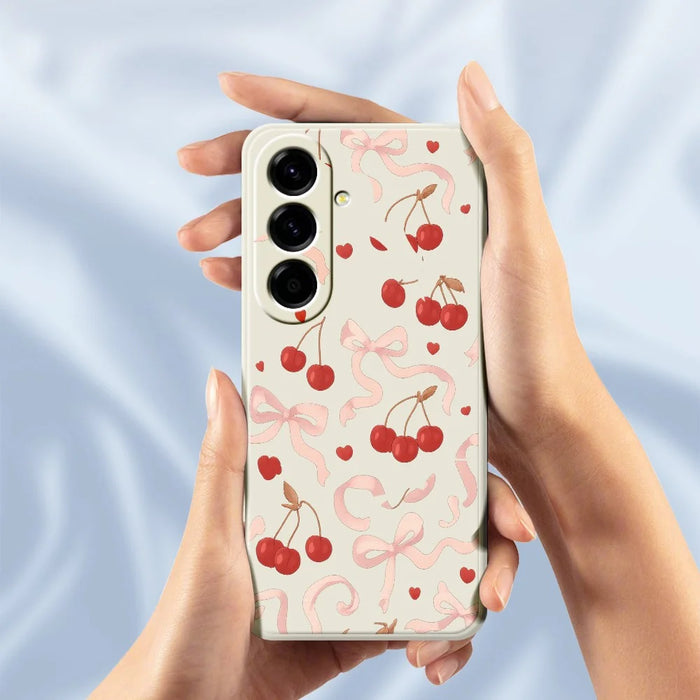 For Samsung Galaxy A27 5G Case Big Bow Cherry Pattern Printing Straight Edge TPU Phone Back Cover - Beige - 6