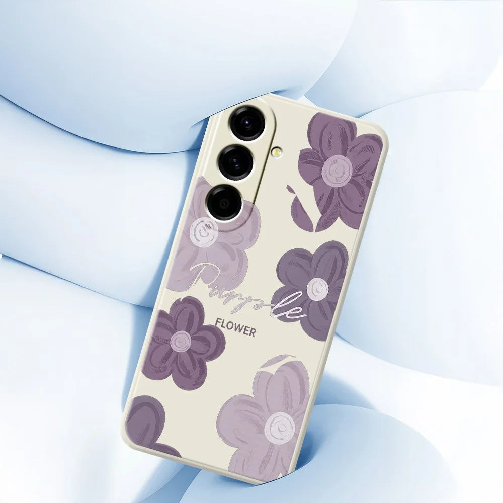 For Samsung Galaxy A27 5G Case Purple Flower Pattern Printing Straight Edge TPU Phone Back Cover - Beige - 5