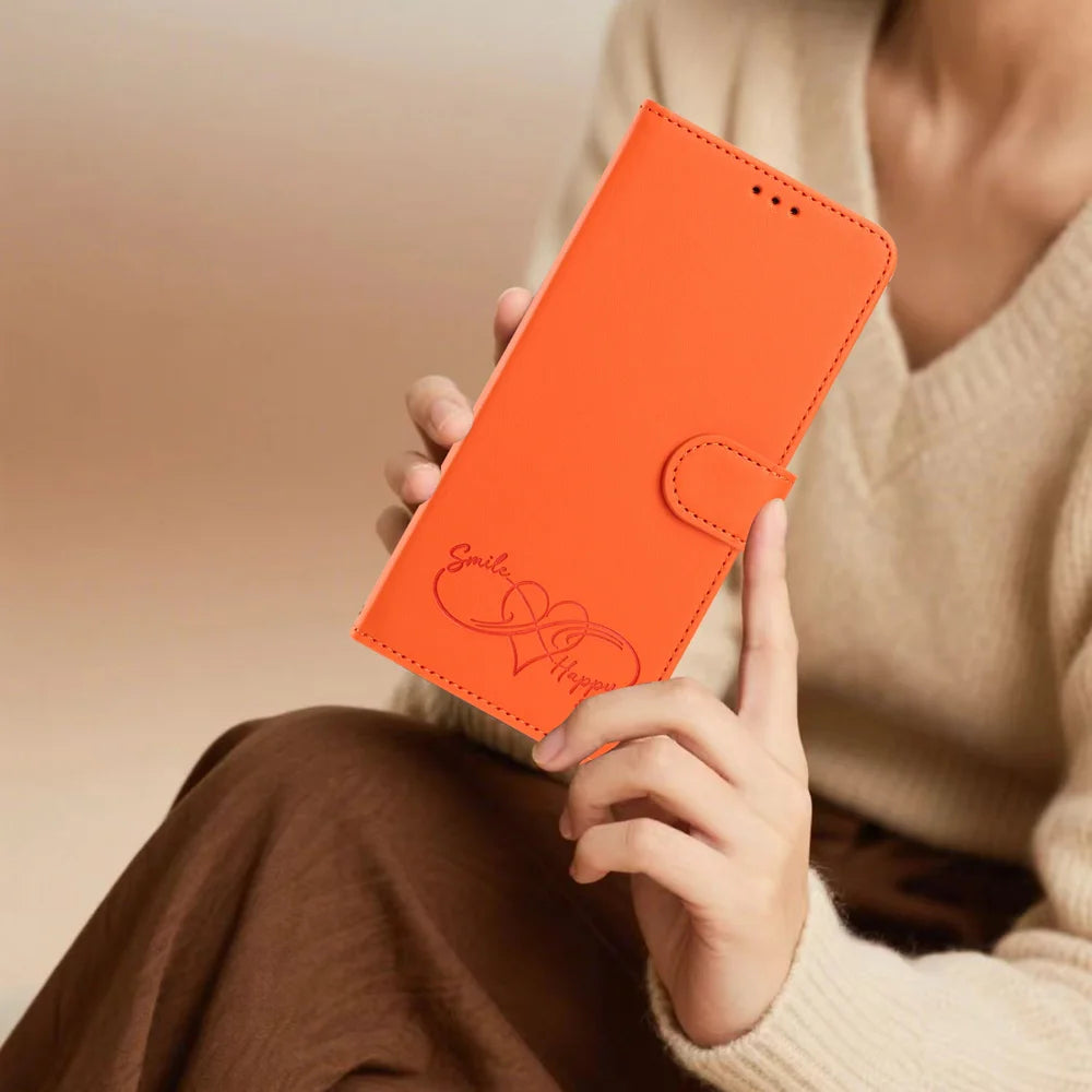 For iPhone 18 Pro Max / 17 Pro Max Case PU Leather Heart Pattern Wallet Flip Phone Cover with Hand Strap - Orange - 7
