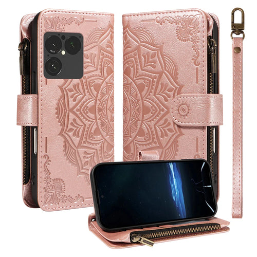 For Sony Xperia 1 VIII Wallet Case 9 Card Slots RFID Blocking Mandala Embossed Leather Flip Cover with Wrist Strap - Rose Gold - 1