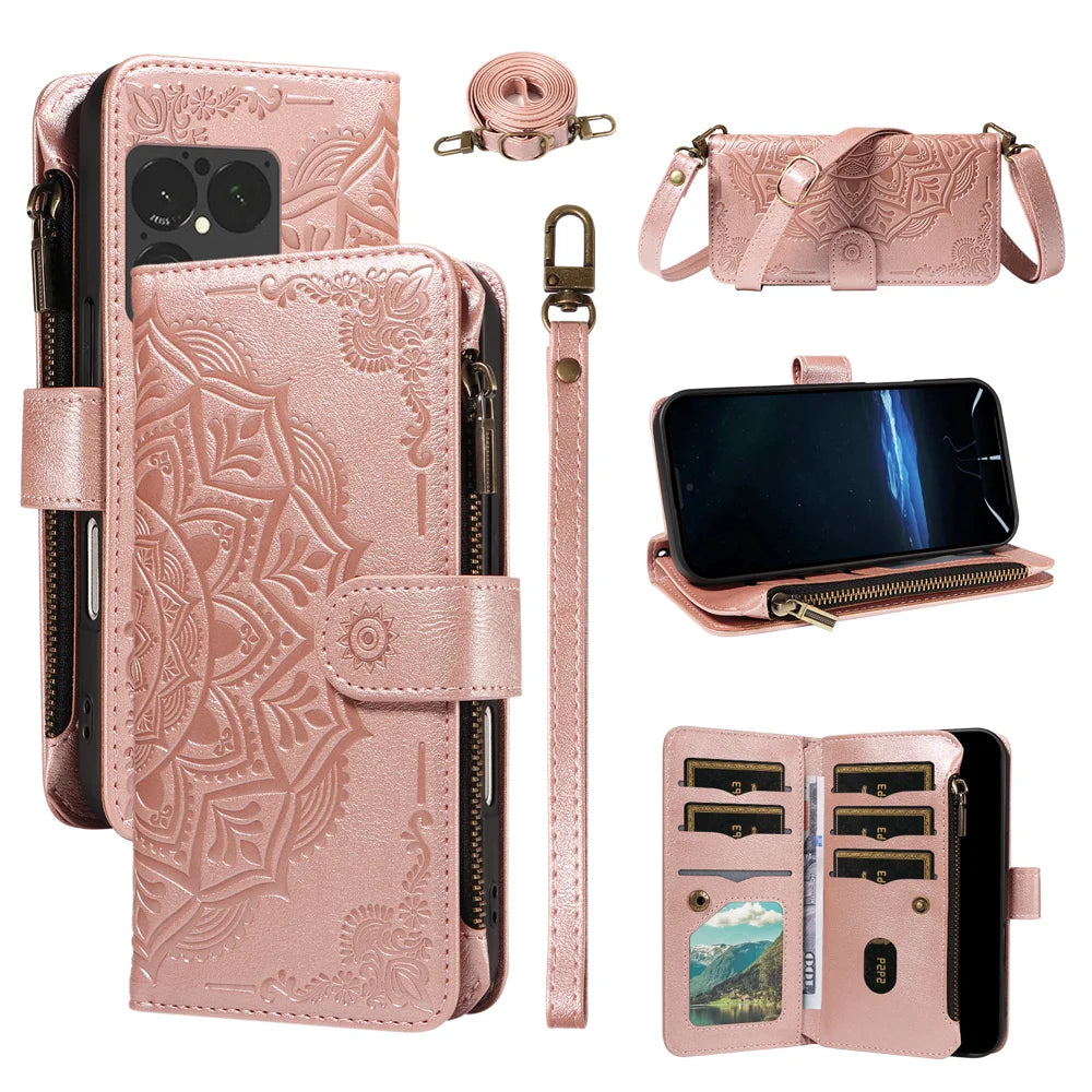 For Sony Xperia 1 VIII Wallet Case 9 Card Slots RFID Blocking Mandala Embossed Leather Flip Cover with Wrist Strap - Rose Gold - 2