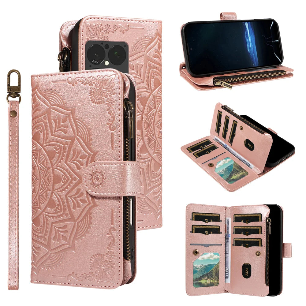 For Sony Xperia 1 VIII Wallet Case 9 Card Slots RFID Blocking Mandala Embossed Leather Flip Cover with Wrist Strap - Rose Gold - 3