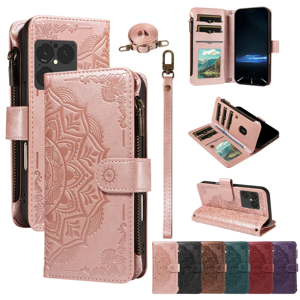 For Sony Xperia 1 VIII Wallet Case 9 Card Slots RFID Blocking Mandala Embossed Leather Flip Cover with Wrist Strap - Rose Gold - 4
