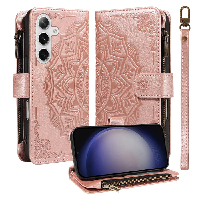 For Samsung Galaxy S24 / Galaxy S25 Wallet Case 9 Card Slots RFID Blocking Mandala Embossed Leather Flip Cover with Wrist Strap - Rose Gold - 1