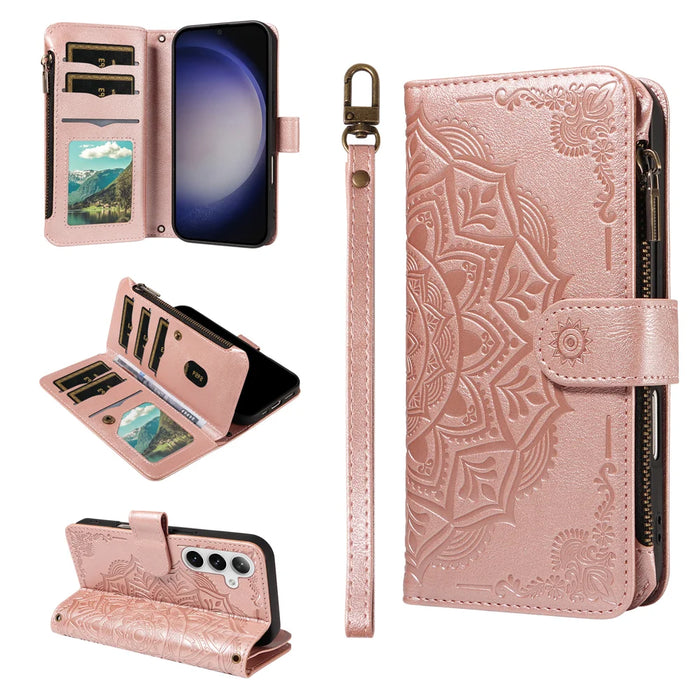 For Samsung Galaxy S24 / Galaxy S25 Wallet Case 9 Card Slots RFID Blocking Mandala Embossed Leather Flip Cover with Wrist Strap - Rose Gold - 3