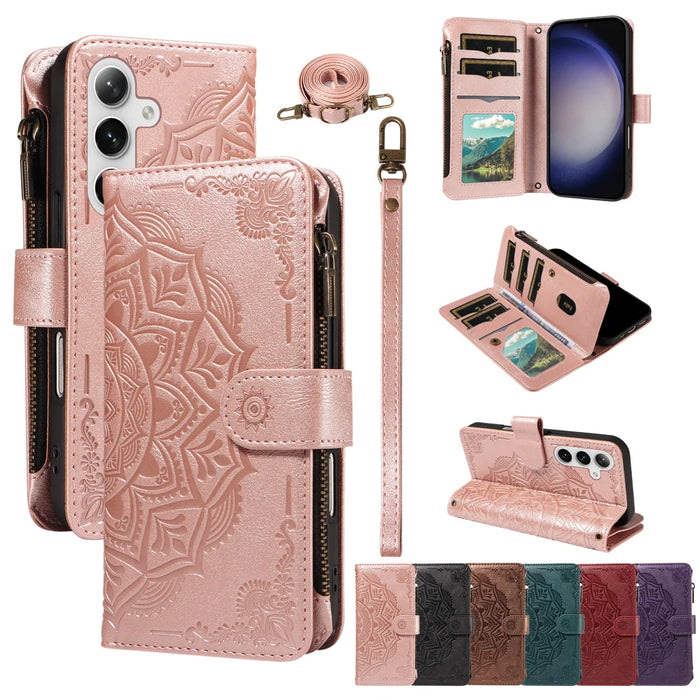 For Samsung Galaxy S24 / Galaxy S25 Wallet Case 9 Card Slots RFID Blocking Mandala Embossed Leather Flip Cover with Wrist Strap - Rose Gold - 4