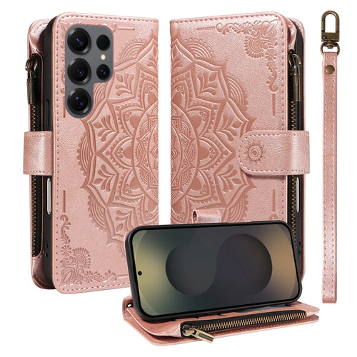 For Samsung Galaxy S25 Ultra Wallet Case 9 Card Slots RFID Blocking Mandala Embossed Leather Flip Cover with Wrist Strap - Rose Gold - 1