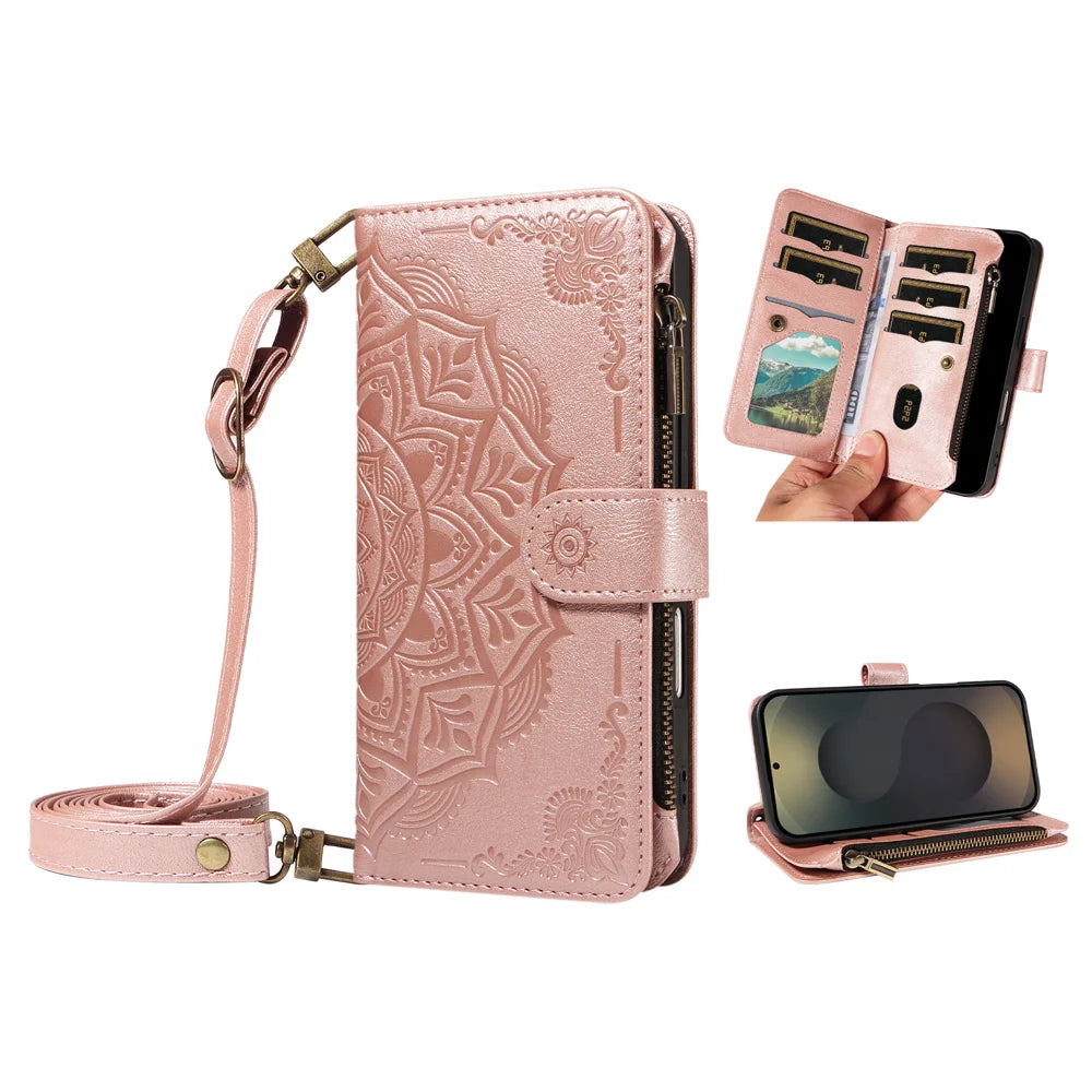 For Samsung Galaxy S25 Ultra Wallet Case 9 Card Slots RFID Blocking Mandala Embossed Leather Flip Cover with Wrist Strap - Rose Gold - 2