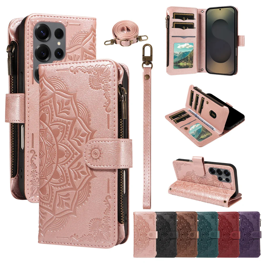 For Samsung Galaxy S25 Ultra Wallet Case 9 Card Slots RFID Blocking Mandala Embossed Leather Flip Cover with Wrist Strap - Rose Gold - 4