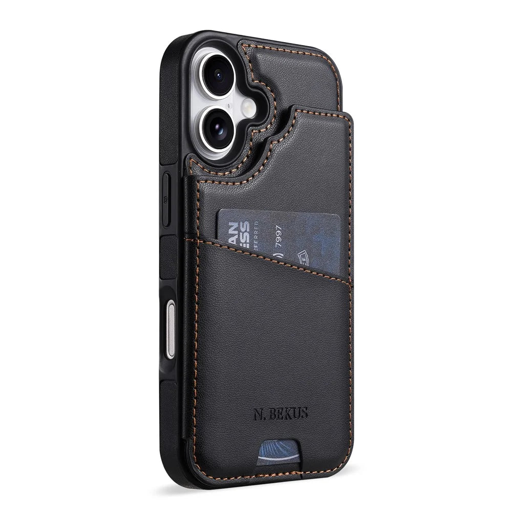 N.BEKUS P4  for iPhone 17 Case Magnetic Buttons Leather + TPU Phone Cover with Card Holder Kickstand - Black - 2