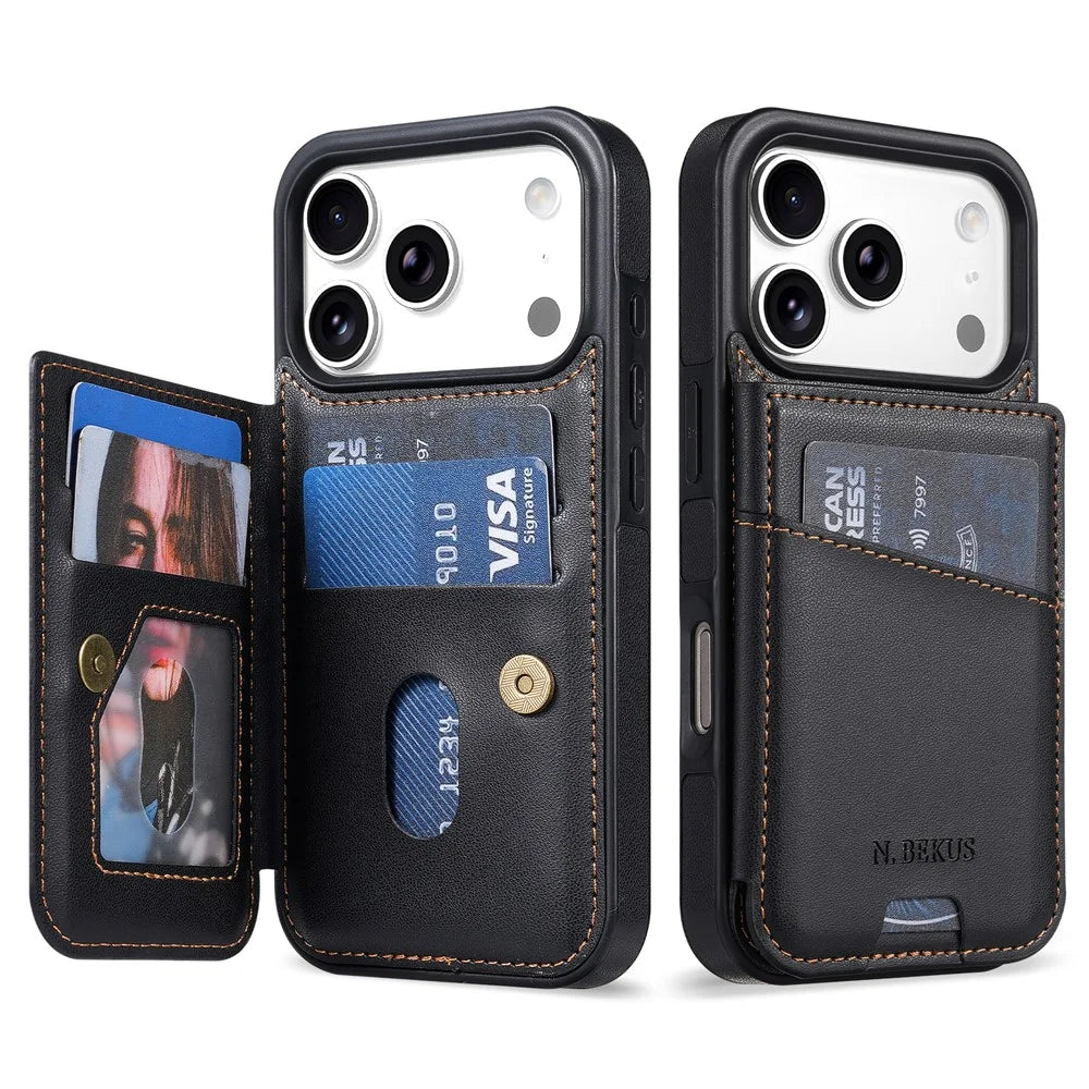 N.BEKUS P4 for iPhone 18 Pro / 17 Pro Case Magnetic Buttons Leather + TPU Phone Cover with Card Holder Kickstand - Black - 1