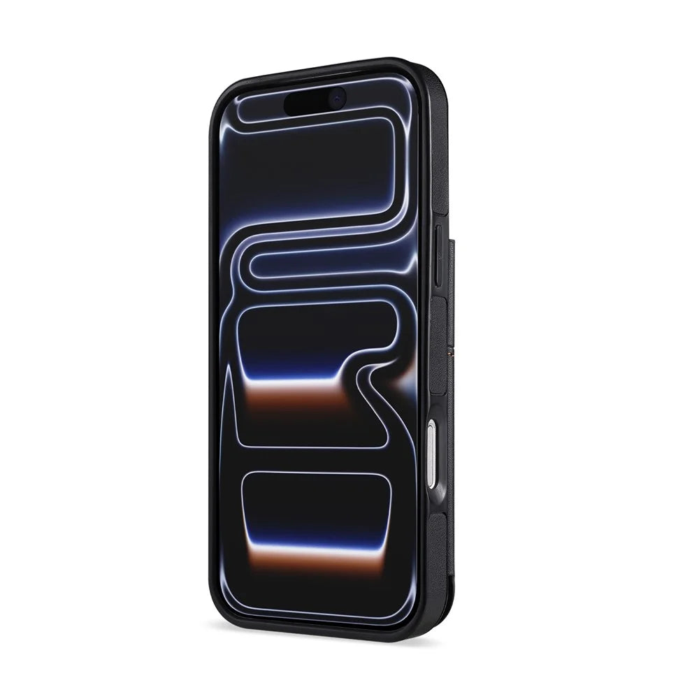 N.BEKUS P4 for iPhone 18 Pro / 17 Pro Case Magnetic Buttons Leather + TPU Phone Cover with Card Holder Kickstand - Black - 4