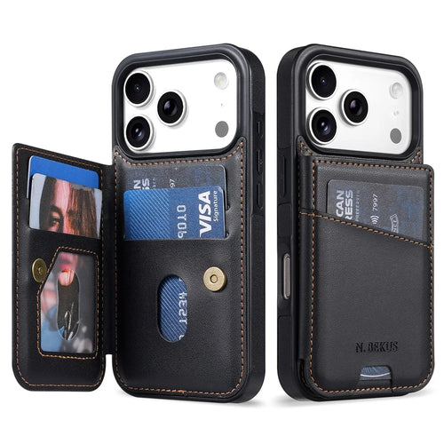 N.BEKUS P4 For iPhone 18 Pro Max / 17 Pro Max Case RFID Blocking Card Holder PU Leather + TPU Phone Cover with Kickstand - Black - 1