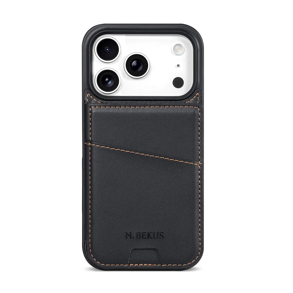 N.BEKUS P4 For iPhone 18 Pro Max / 17 Pro Max Case RFID Blocking Card Holder PU Leather + TPU Phone Cover with Kickstand - Black - 5