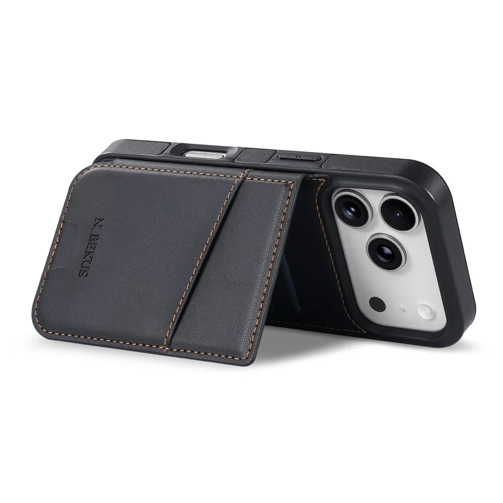 N.BEKUS P4 For iPhone 18 Pro Max / 17 Pro Max Case RFID Blocking Card Holder PU Leather + TPU Phone Cover with Kickstand - Black - 6