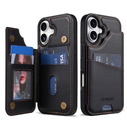 N.BEKUS P4 for iPhone 16 Case Magnetic Buttons Leather + TPU Phone Cover with Card Holder Kickstand - Black - 1