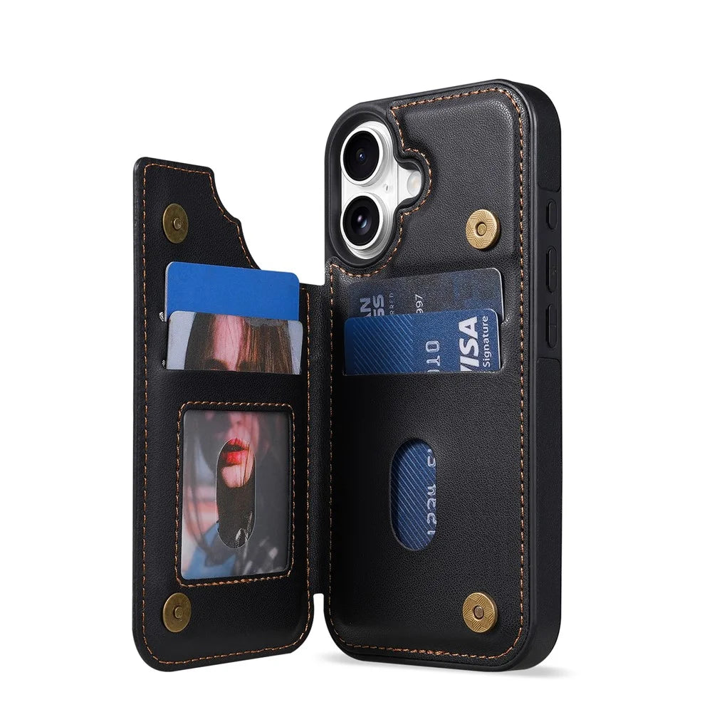 N.BEKUS P4 for iPhone 16 Case Magnetic Buttons Leather + TPU Phone Cover with Card Holder Kickstand - Black - 3
