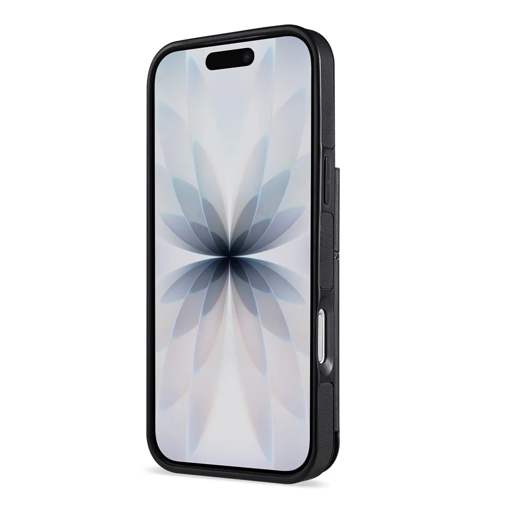 N.BEKUS P4 for iPhone 16 Case Magnetic Buttons Leather + TPU Phone Cover with Card Holder Kickstand - Black - 4