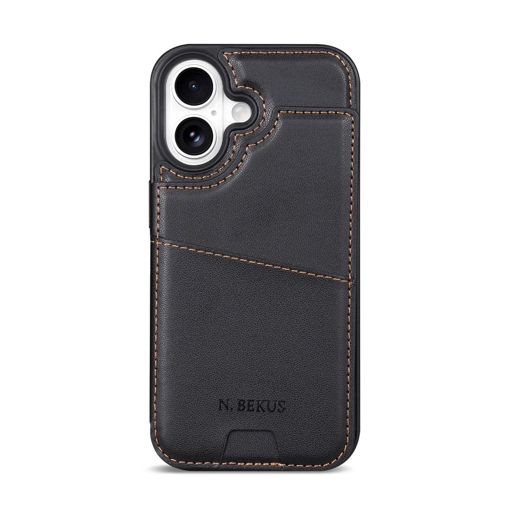 N.BEKUS P4 for iPhone 16 Case Magnetic Buttons Leather + TPU Phone Cover with Card Holder Kickstand - Black - 5