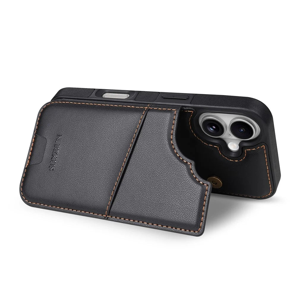 N.BEKUS P4 for iPhone 16 Case Magnetic Buttons Leather + TPU Phone Cover with Card Holder Kickstand - Black - 6