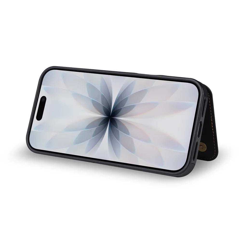 N.BEKUS P4 for iPhone 16 Case Magnetic Buttons Leather + TPU Phone Cover with Card Holder Kickstand - Black - 7