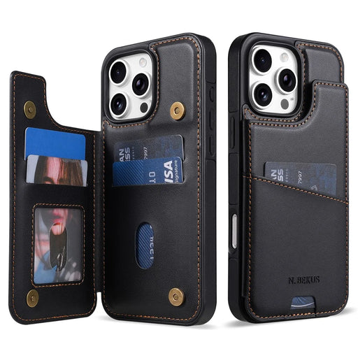 N.BEKUS P4 for iPhone 16 Pro Case Magnetic Buttons Leather + TPU Phone Cover with Card Holder Kickstand - Black - 1