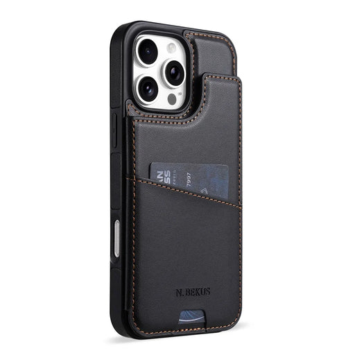 N.BEKUS P4 for iPhone 16 Pro Case Magnetic Buttons Leather + TPU Phone Cover with Card Holder Kickstand - Black - 2