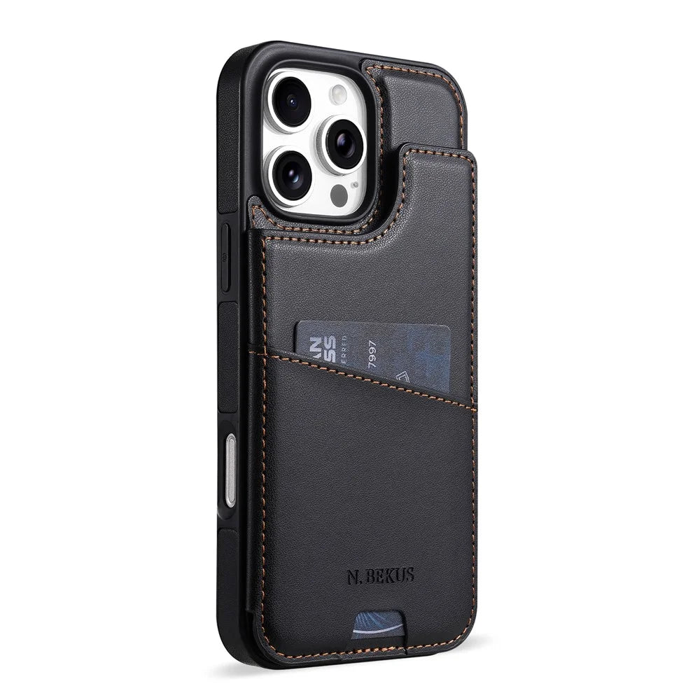 N.BEKUS P4  for iPhone 16 Pro Max Case Magnetic Buttons Leather + TPU Phone Cover with Card Holder Kickstand - Black - 2