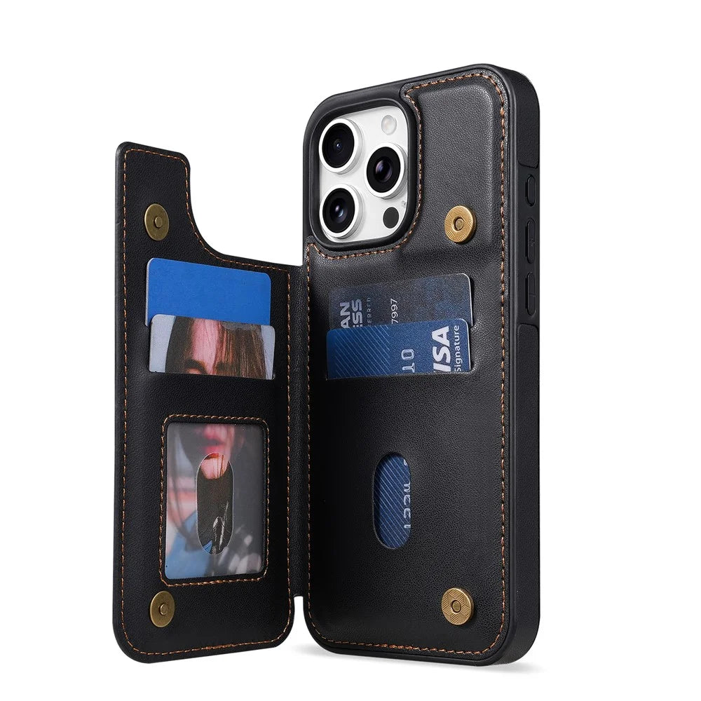 N.BEKUS P4  for iPhone 16 Pro Max Case Magnetic Buttons Leather + TPU Phone Cover with Card Holder Kickstand - Black - 3