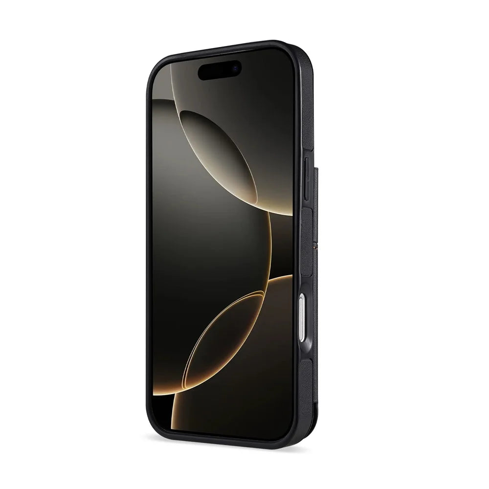 N.BEKUS P4  for iPhone 16 Pro Max Case Magnetic Buttons Leather + TPU Phone Cover with Card Holder Kickstand - Black - 4