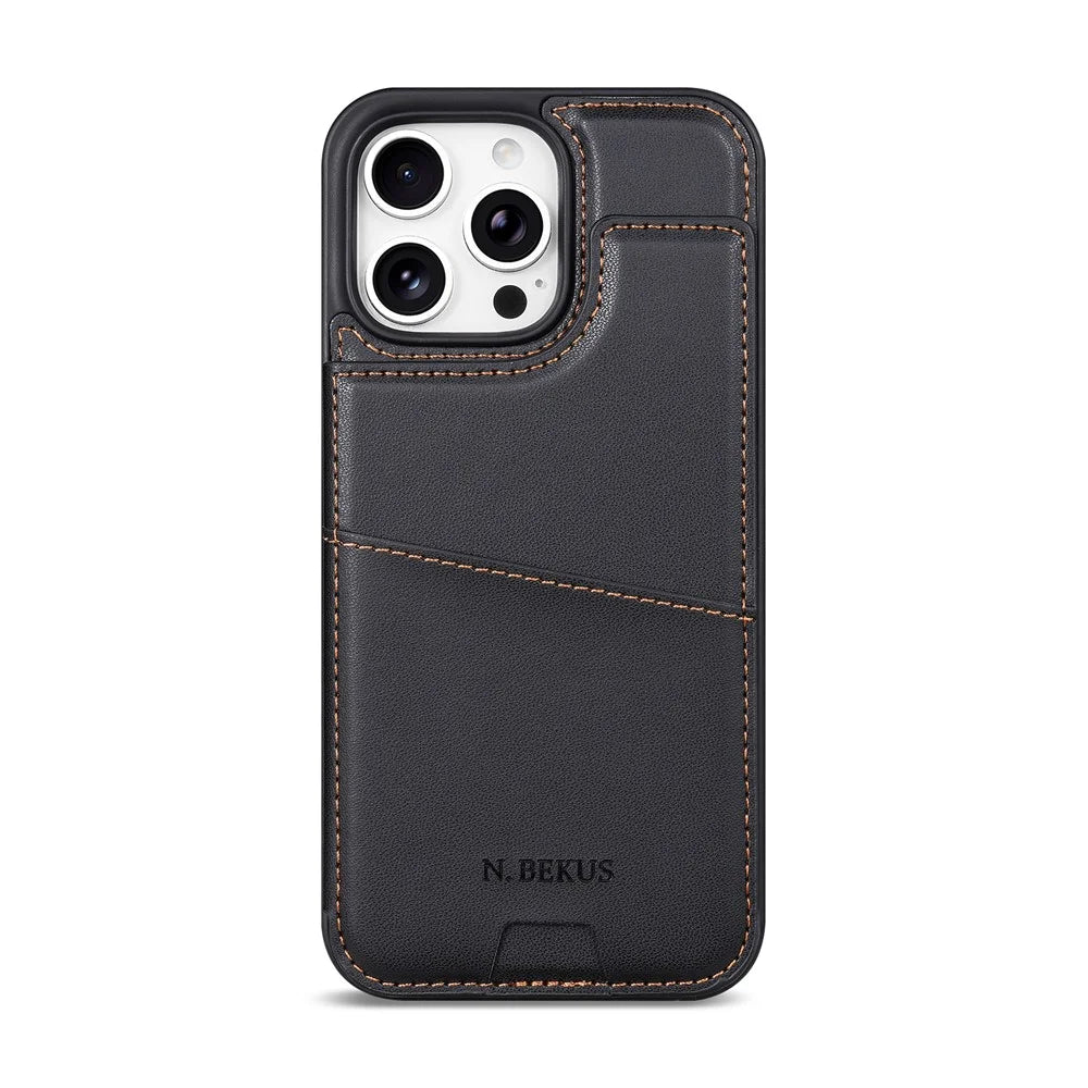 N.BEKUS P4  for iPhone 16 Pro Max Case Magnetic Buttons Leather + TPU Phone Cover with Card Holder Kickstand - Black - 5