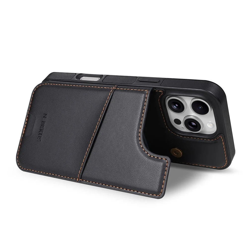 N.BEKUS P4  for iPhone 16 Pro Max Case Magnetic Buttons Leather + TPU Phone Cover with Card Holder Kickstand - Black - 6