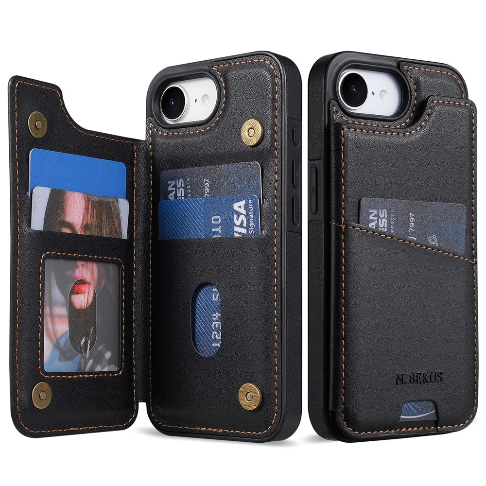 N.BEKUS P4  for iPhone 16e  /  17e Case Magnetic Buttons Leather + TPU Phone Cover with Card Holder Kickstand - Black - 1