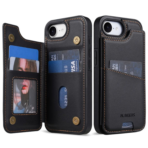 N.BEKUS P4  for iPhone 16e  /  17e Case Magnetic Buttons Leather + TPU Phone Cover with Card Holder Kickstand - Black - 1