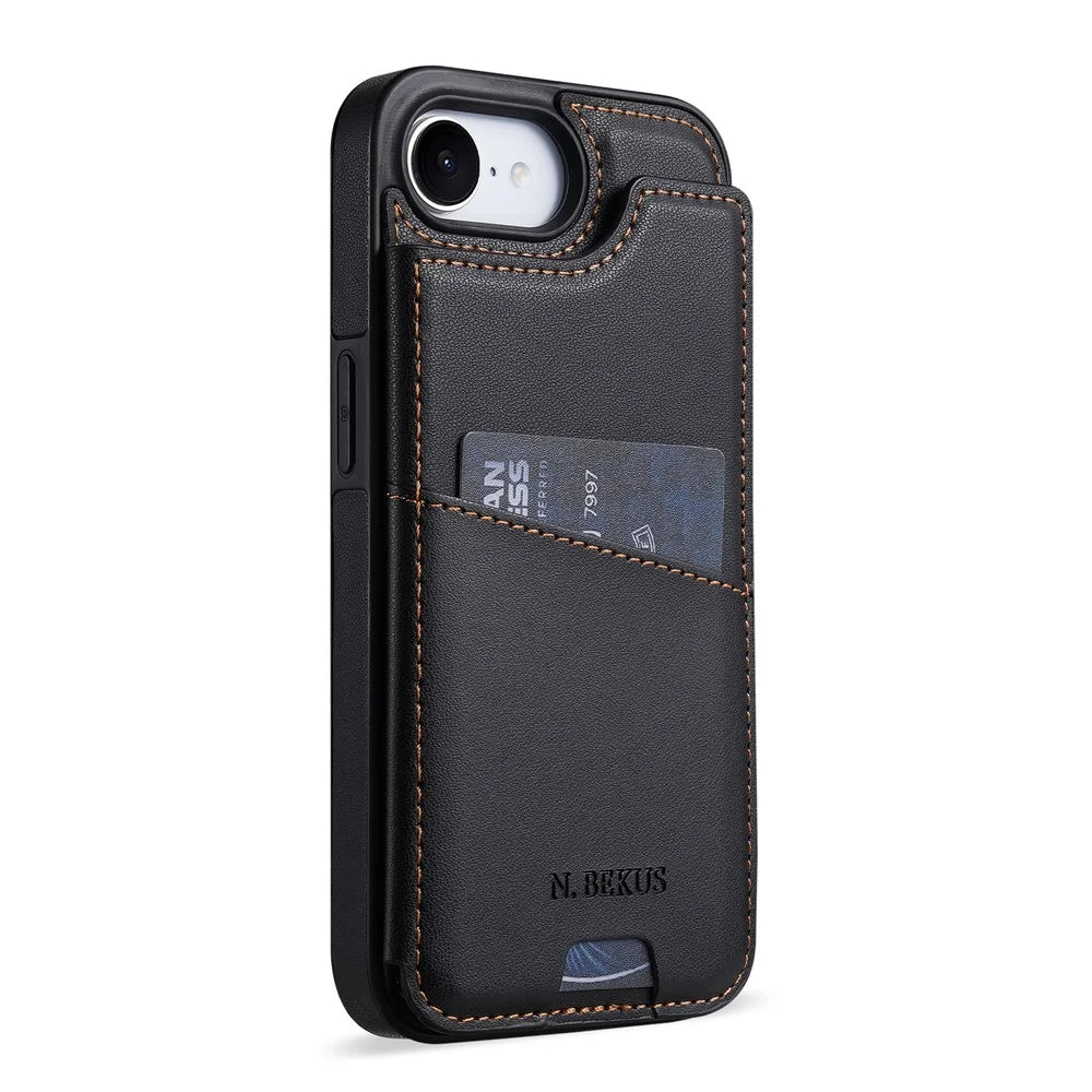 N.BEKUS P4  for iPhone 16e  /  17e Case Magnetic Buttons Leather + TPU Phone Cover with Card Holder Kickstand - Black - 2