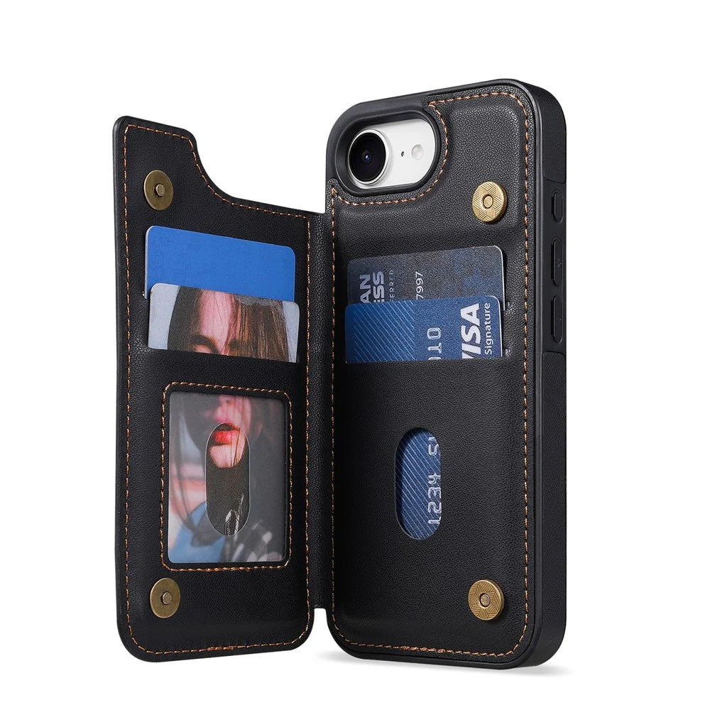 N.BEKUS P4  for iPhone 16e  /  17e Case Magnetic Buttons Leather + TPU Phone Cover with Card Holder Kickstand - Black - 3