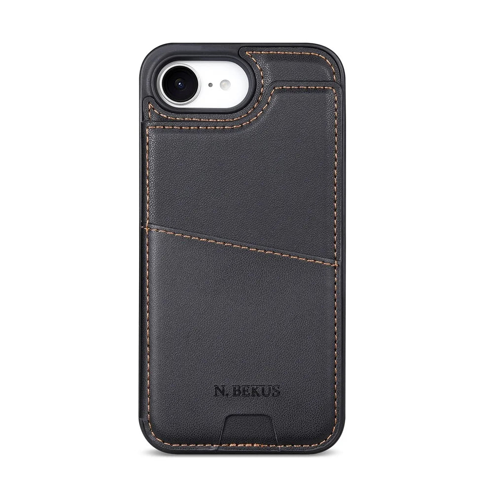 N.BEKUS P4  for iPhone 16e  /  17e Case Magnetic Buttons Leather + TPU Phone Cover with Card Holder Kickstand - Black - 5