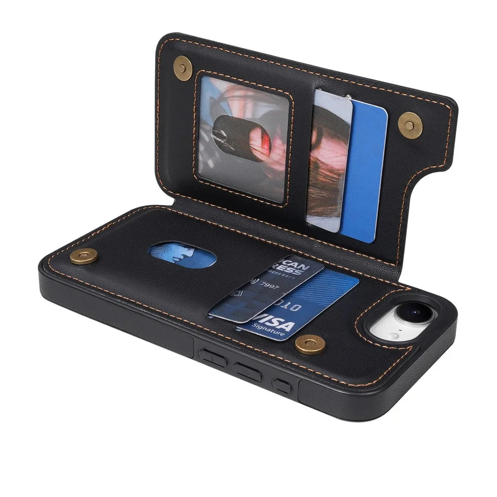 N.BEKUS P4  for iPhone 16e  /  17e Case Magnetic Buttons Leather + TPU Phone Cover with Card Holder Kickstand - Black - 6