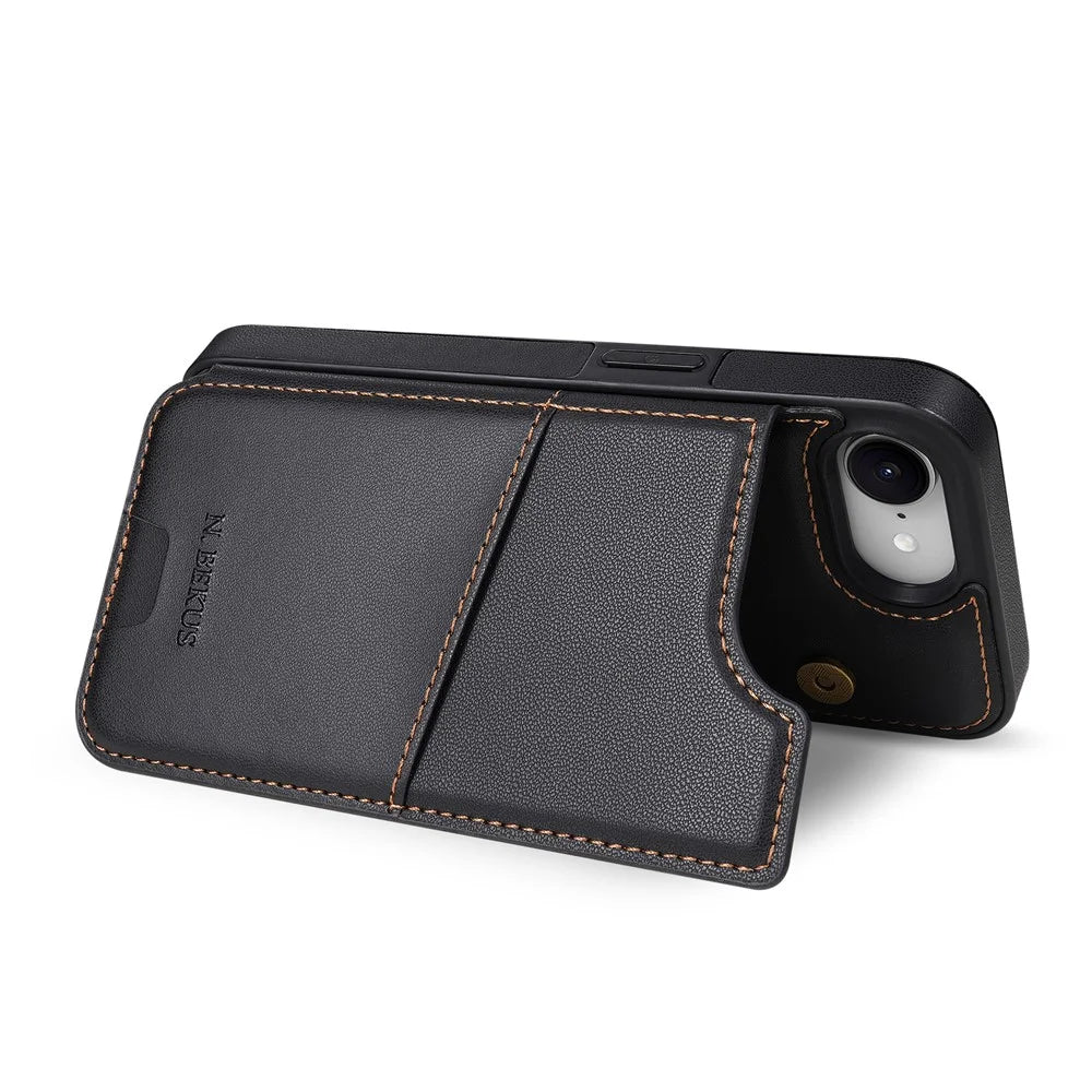 N.BEKUS P4  for iPhone 16e  /  17e Case Magnetic Buttons Leather + TPU Phone Cover with Card Holder Kickstand - Black - 7