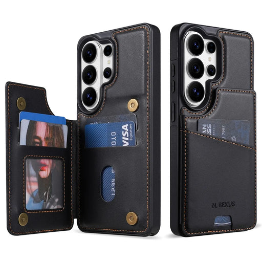 N.BEKUS P4  for Samsung Galaxy S26 Ultra Case Magnetic Buttons Leather + TPU Phone Cover with Card Holder Kickstand - Black - 1