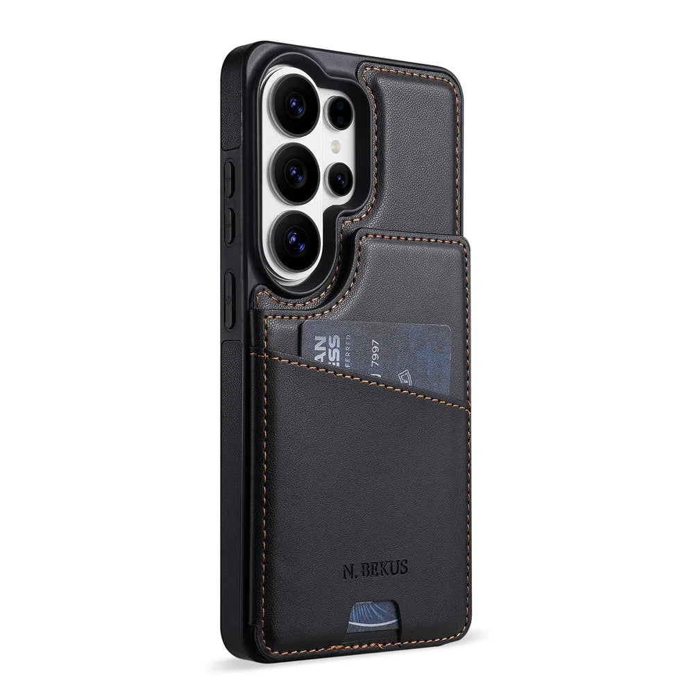 N.BEKUS P4  for Samsung Galaxy S26 Ultra Case Magnetic Buttons Leather + TPU Phone Cover with Card Holder Kickstand - Black - 2